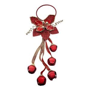 Jingle Bells Door Knob Hanger Red Gold Glitter Ribbon Christmas Decor 12” CL12